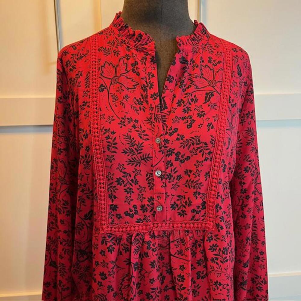 Loft Boho Chic Red Floral Button-Up Blouse